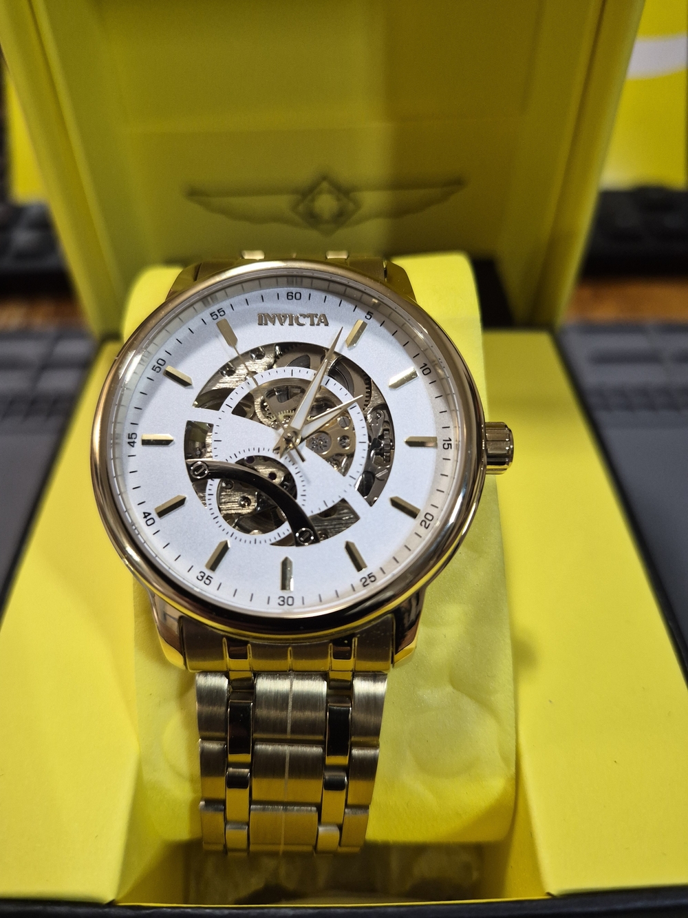 Invicta Gold and White Skeleton Dial Men's Bracelet Watch - Open Heart Movement